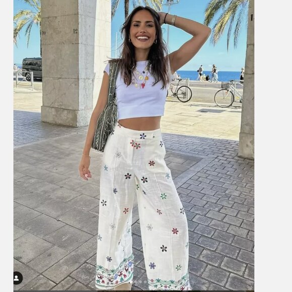 Zara Embroidered culottes white multicolor floral S M L XL NWT - Picture 4 of 14